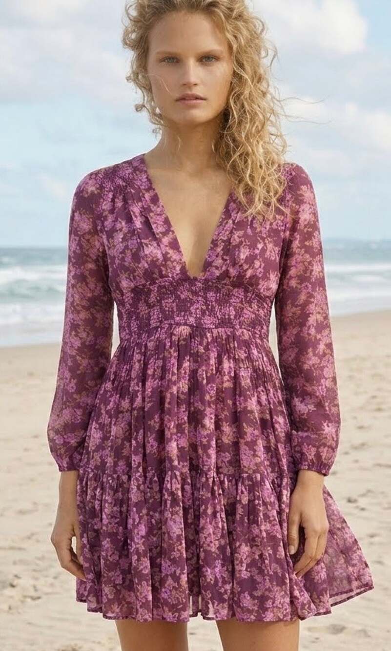 Free People Large Keep You Smocked Floral Mini Dress Berry Combo Boho